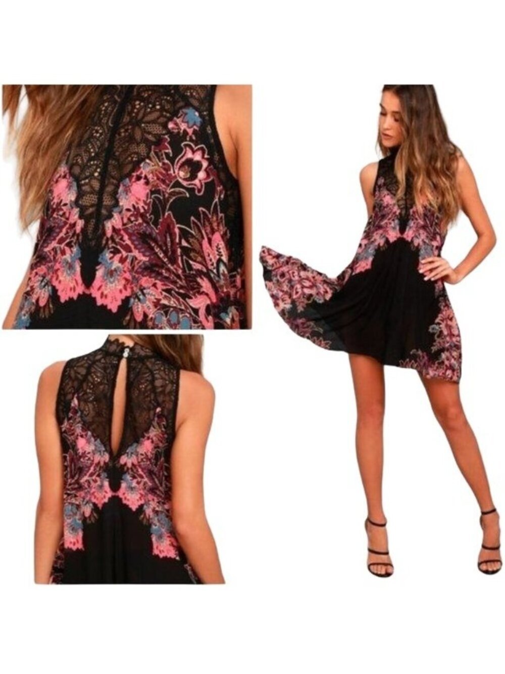 Free People Marsha Black Lace Floral Slip Mini Dress